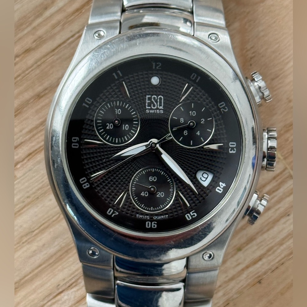 ESQ by Movado Chronograph Watch Black Dial Stainless Steel Case Bracelet Date